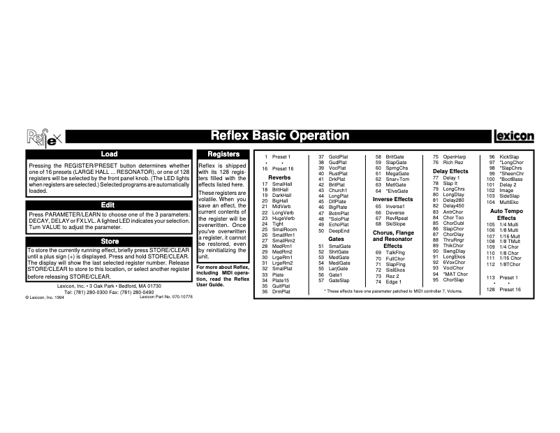 Page 1 de la notice Manuel utilisateur Lexicon REFLEX