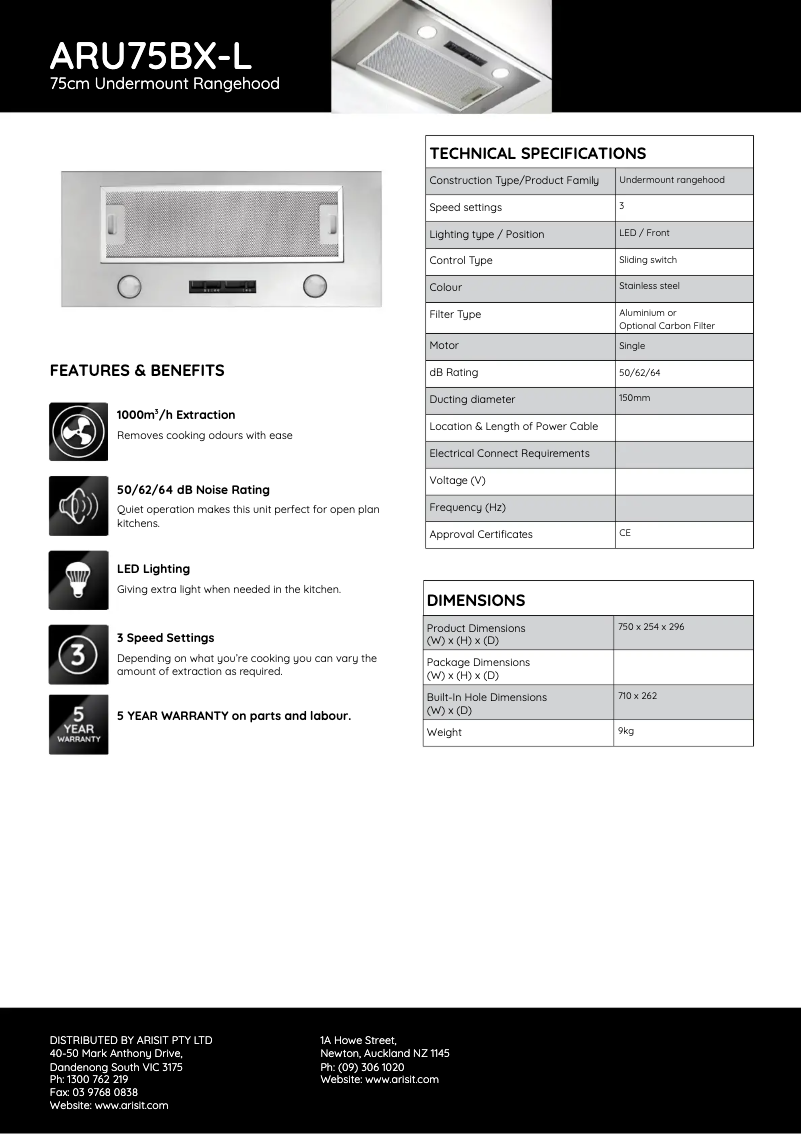 Page 1 de la notice Fiche technique Tisira ARU75BX-L