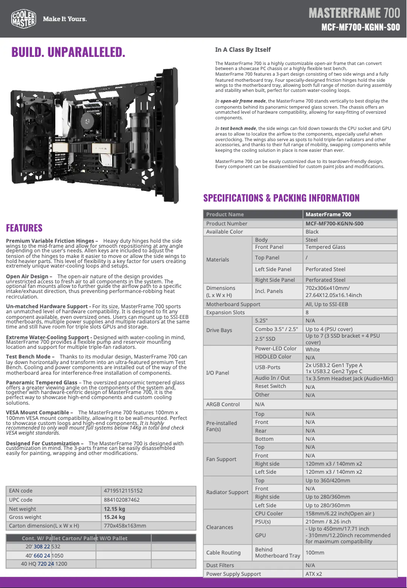 Page 1 de la notice Fiche technique Cooler Master MasterFrame 700