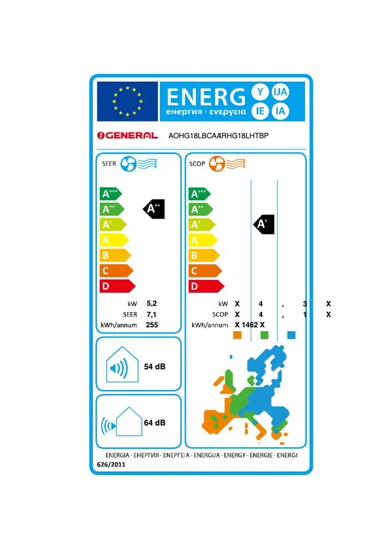 Page 1 de la notice Label énergétique Fujitsu ARHG18LHTBP