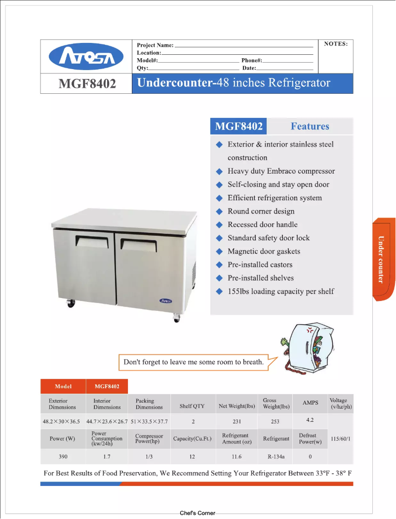 Page 1 de la notice Manuel d'utilisation et d'entretien Atosa Commercial MGF8402