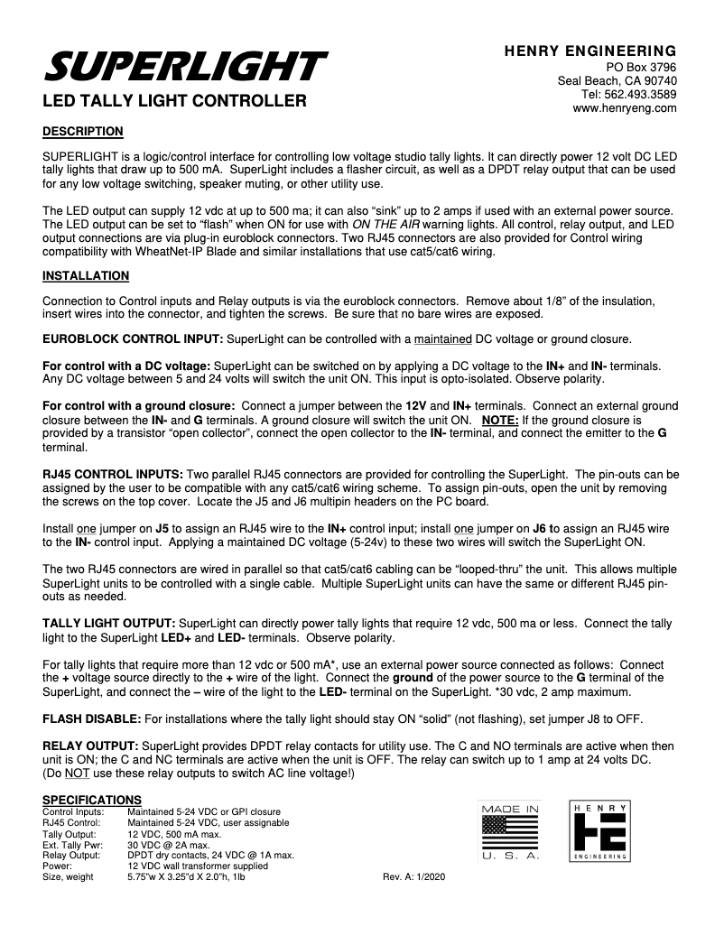 Page 1 de la notice Manuel utilisateur Henry Engineering SuperLight