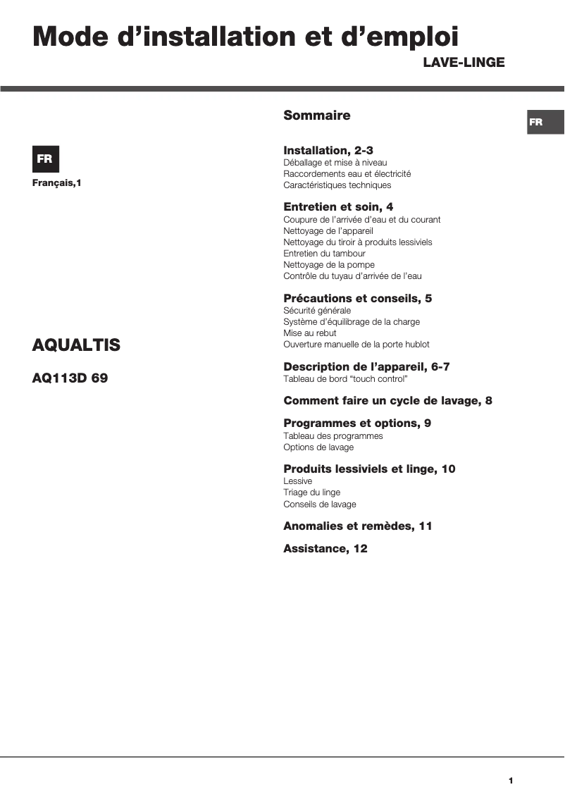 Page 1 de la notice Manuel utilisateur Hotpoint Ariston Aqualtis AQ113D 69 FR