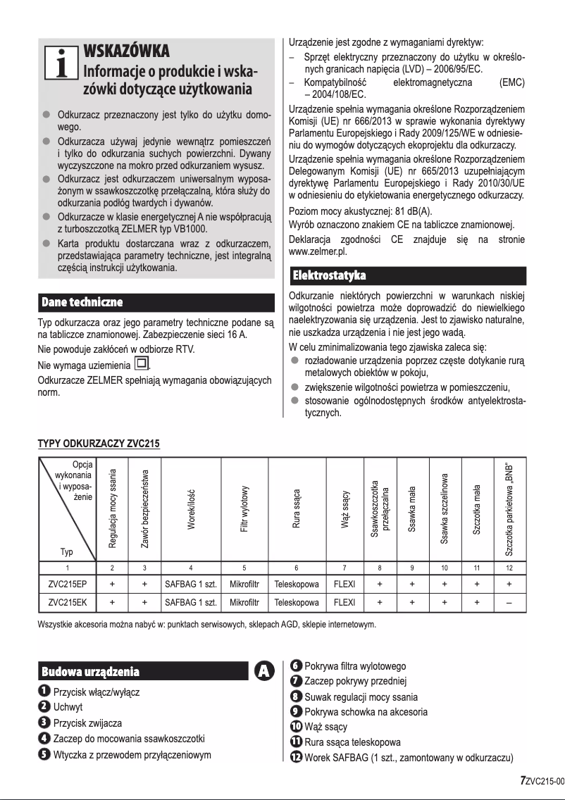 Page 1 de la notice Manuel utilisateur Zelmer Meteor 2 ZVC215EP