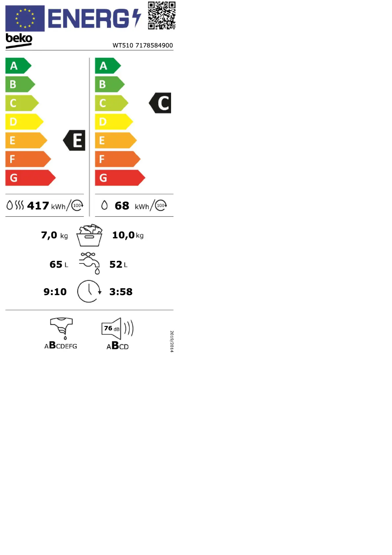 Page 1 de la notice Label énergétique Beko WT510