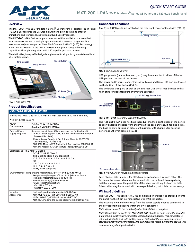 Page 1 de la notice Guide de démarrage rapide AMX MXT-2001-PAN