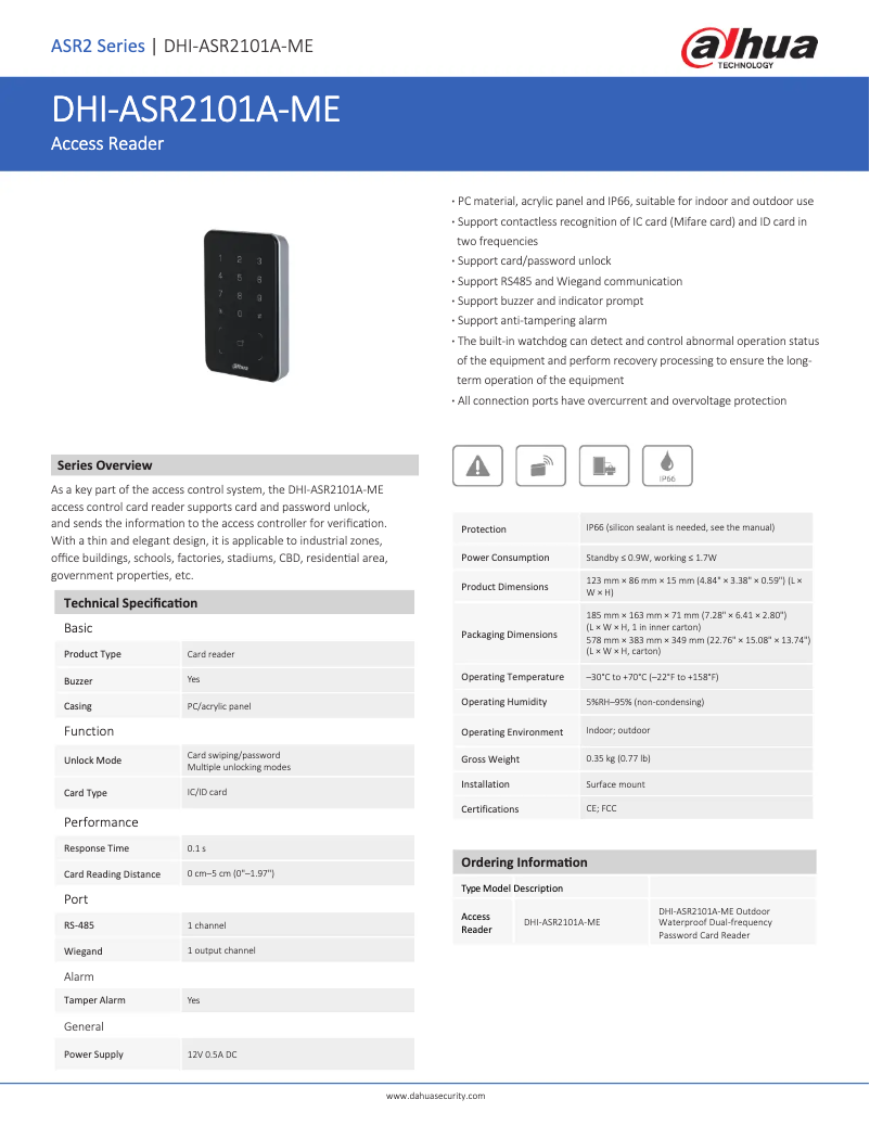 Page 1 de la notice Fiche technique Dahua Technology ASR2101A-ME