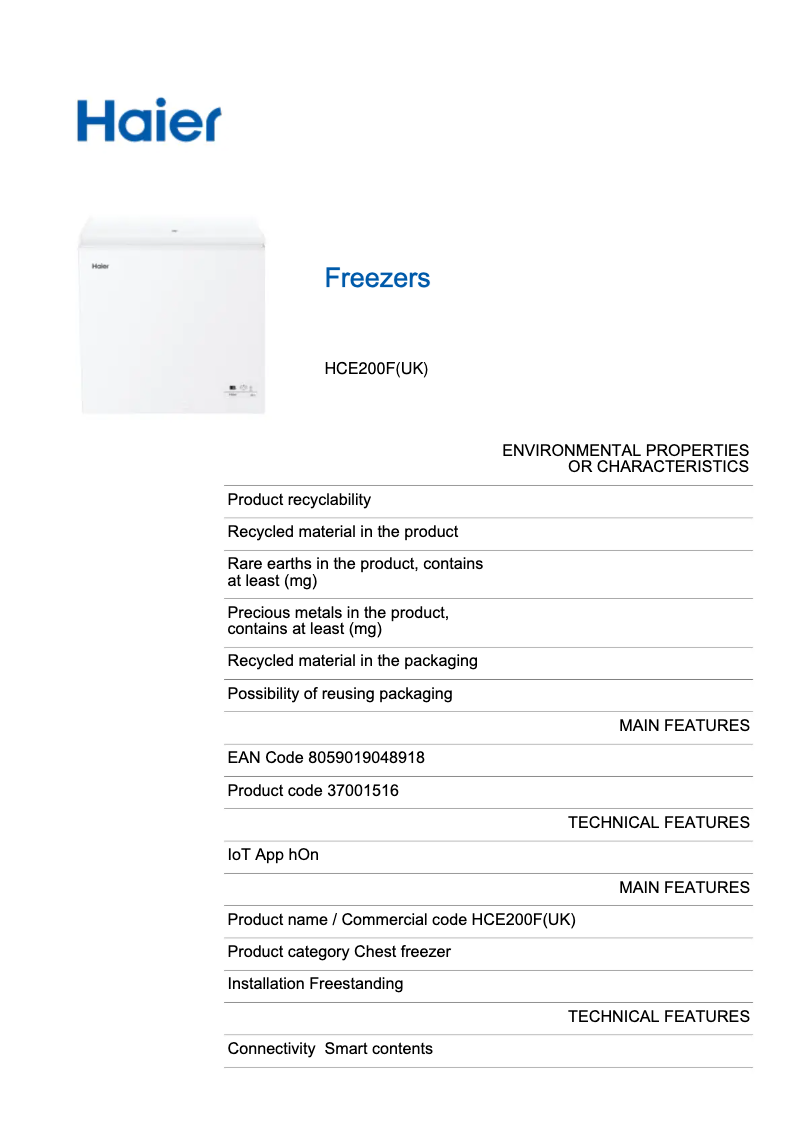 Page n°1 - Fiche technique Haier HCE200F