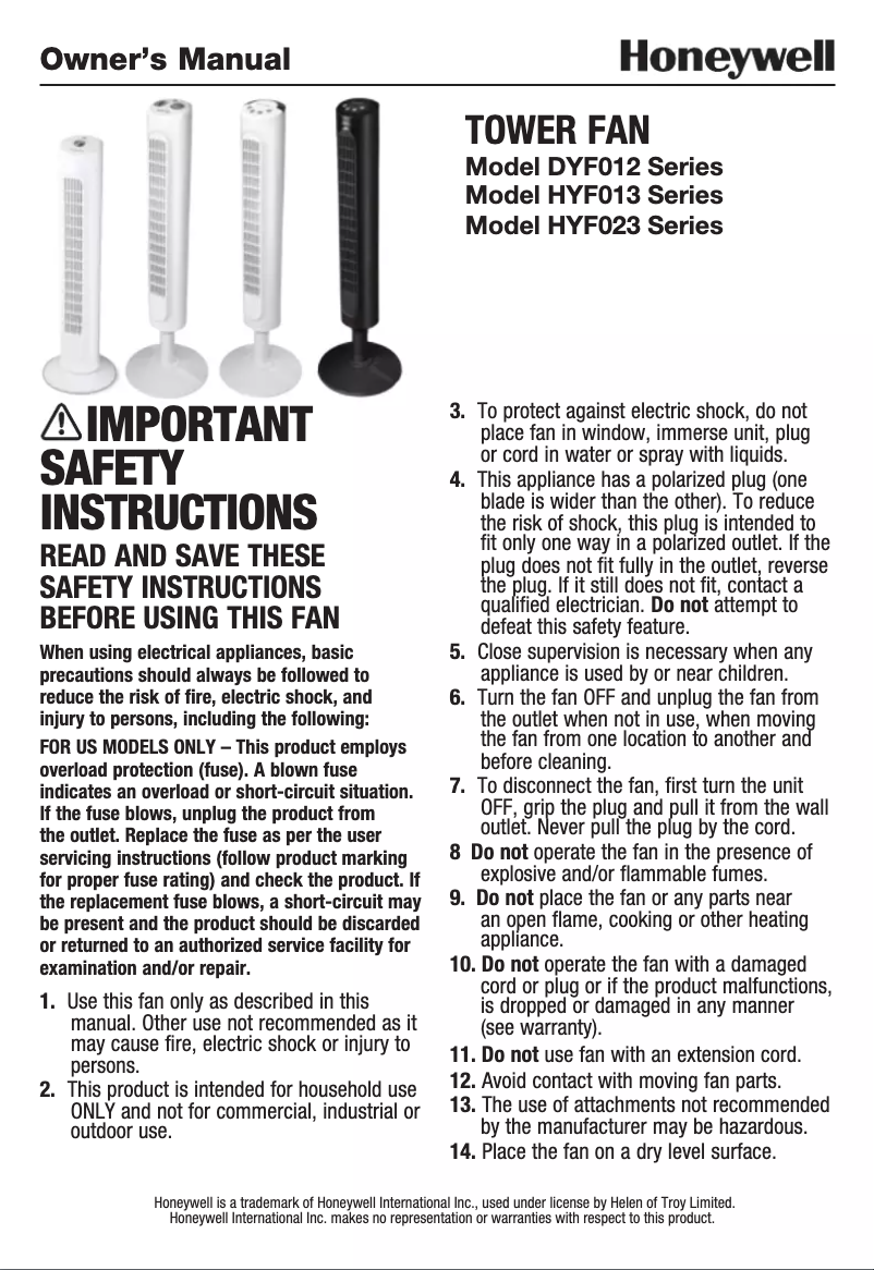 Page 1 de la notice Manuel utilisateur Honeywell HYF013