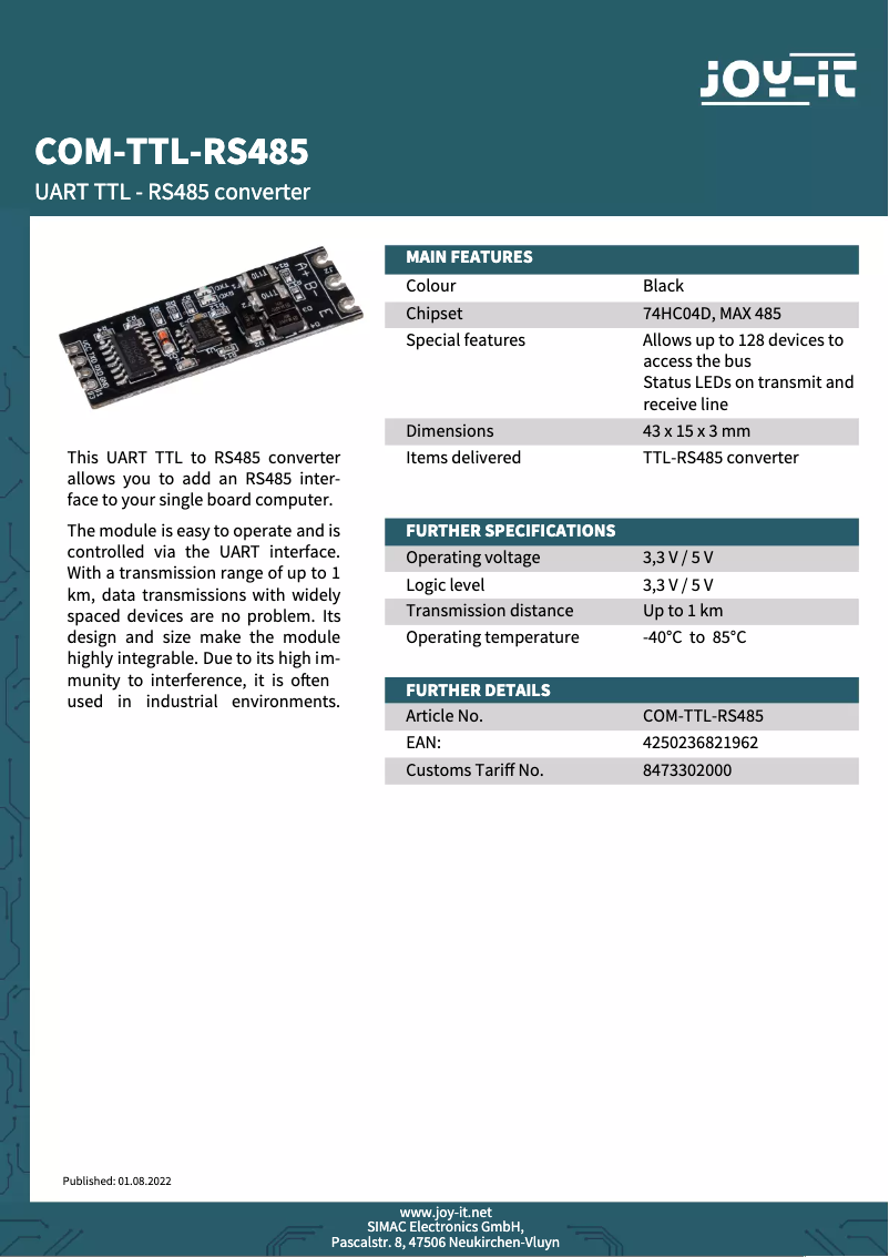 Página 1 del manual Ficha técnica Joy-It COM-TTL-RS485