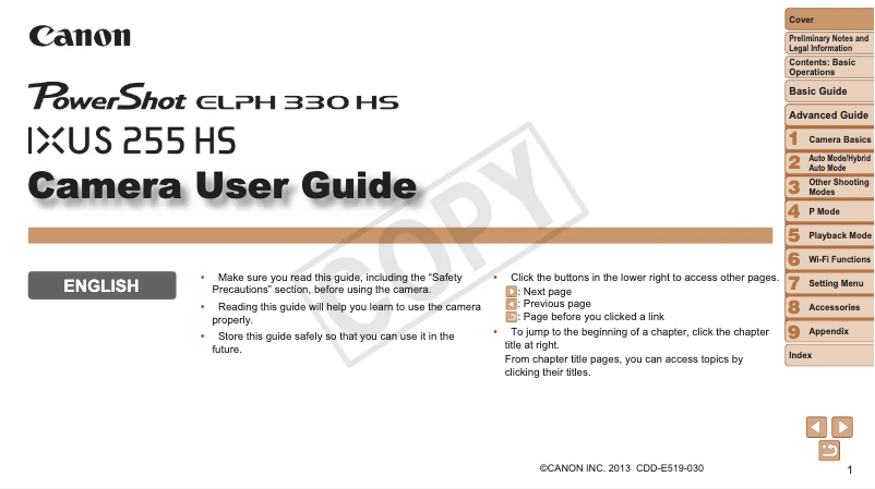 Imagen de la primera página del manual del dispositivo PowerShot ELPH 330 HS