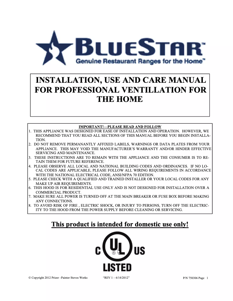 Page n°1 - Manuel utilisateur BlueStar PY060ML