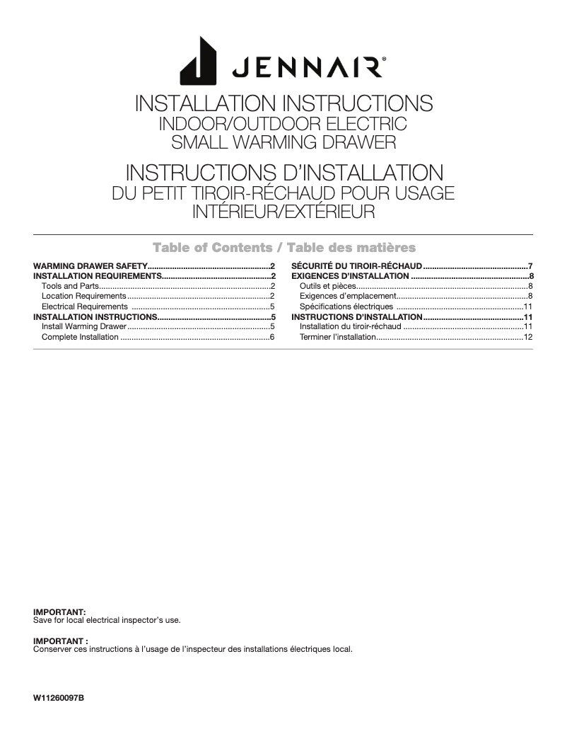 Page 1 de la notice Guide d'installation Jenn-Air JWD3027EX