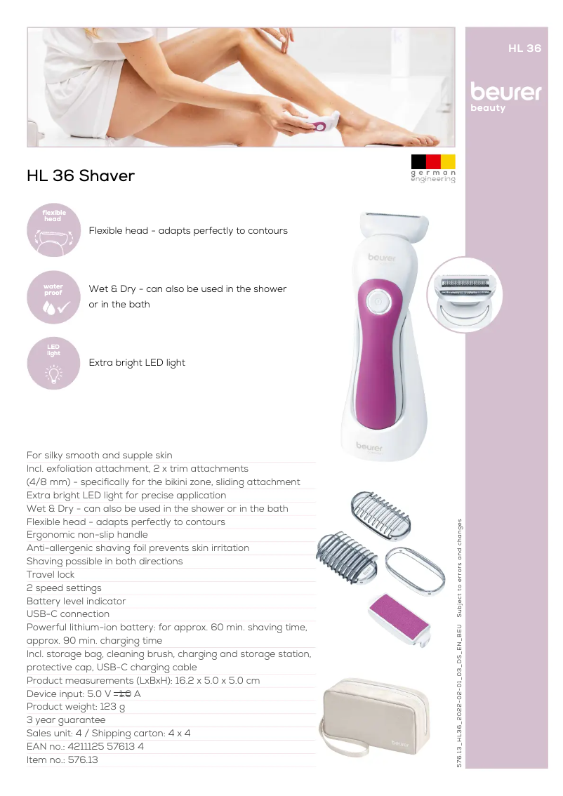 Page 1 de la notice Fiche technique Beurer SatinSkin HL 36