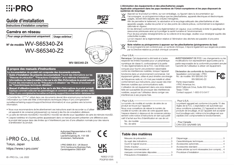 Page n°1 - Manuel utilisateur i-PRO WV-S65340-Z4