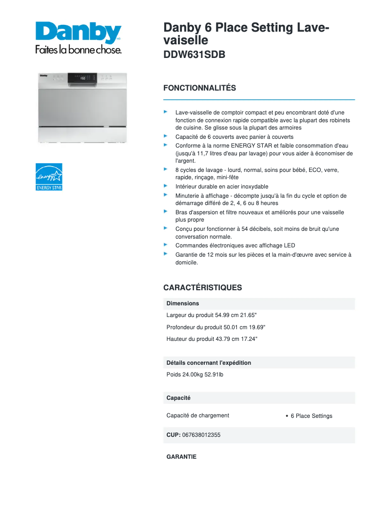 Page n°1 - Fiche technique Danby DDW631SDB
