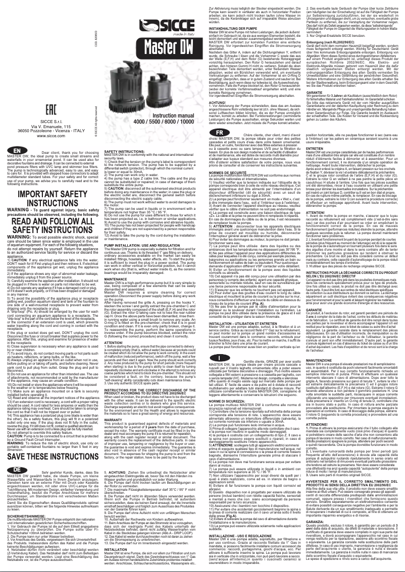 Page 1 de la notice Manuel utilisateur Sicce Master DW 8000e