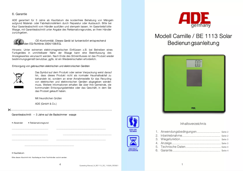 Page 1 de la notice Manuel utilisateur ADE Camille BE 1113