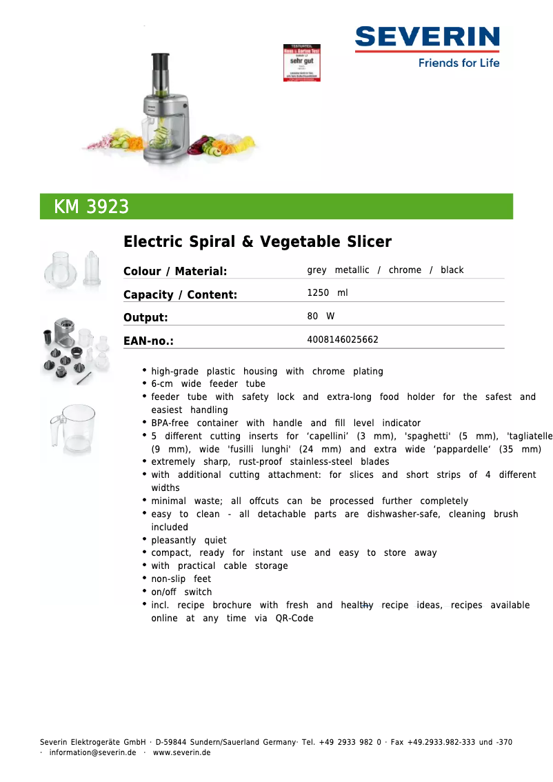 Page 1 de la notice Fiche technique Severin KM 3923