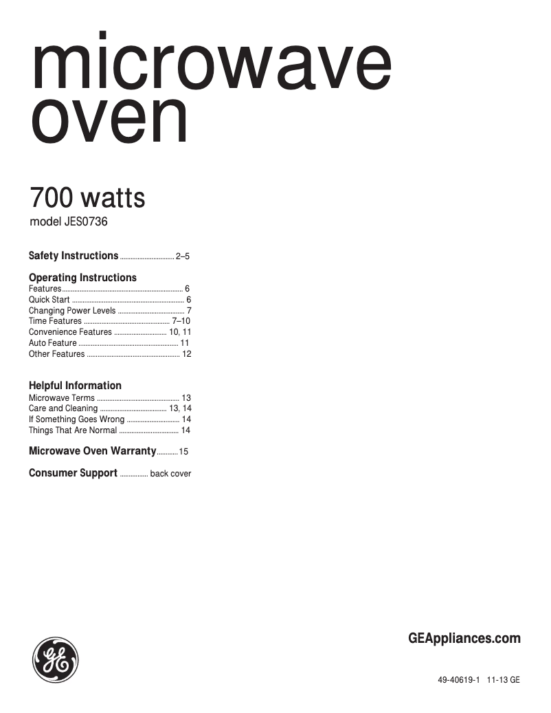 Page 1 de la notice Manuel d'utilisation et d'entretien GE JES0736SPSS