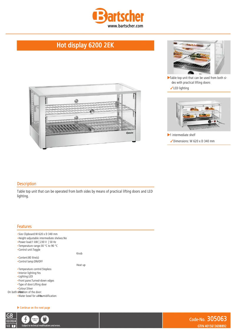 Page n°1 - Fiche technique Bartscher 6200 2EK