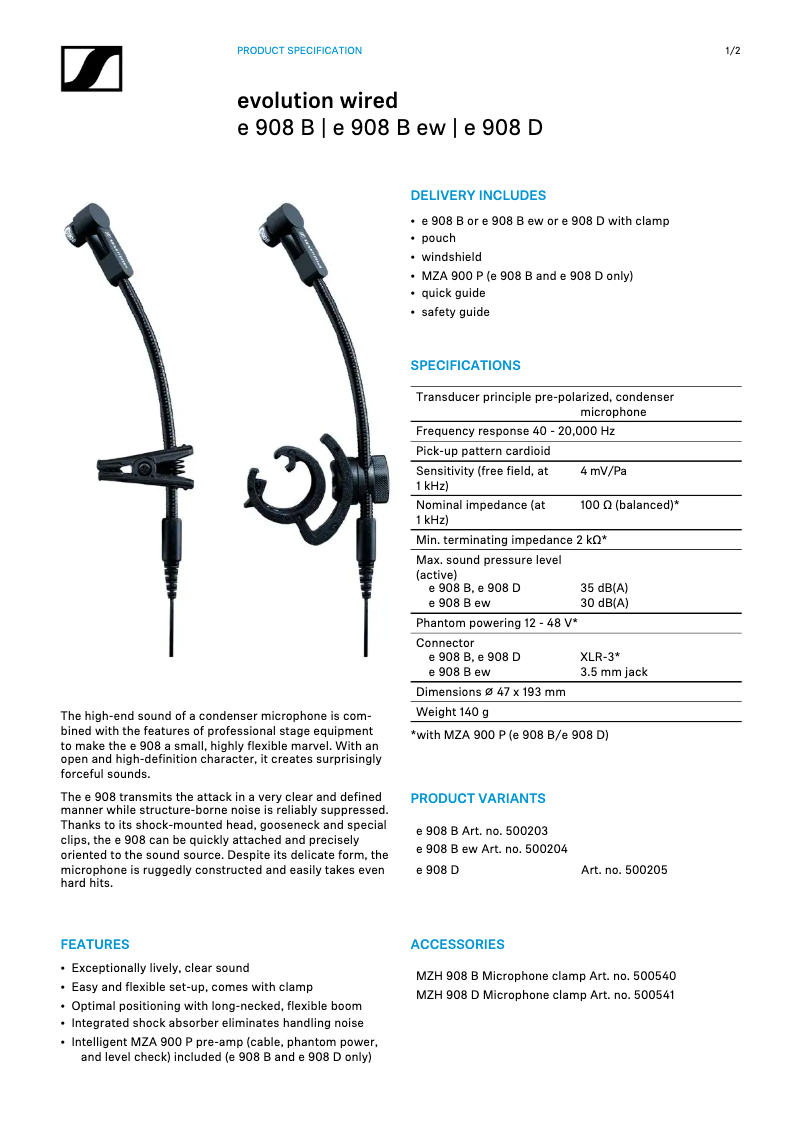 Page 1 de la notice Fiche technique Sennheiser e 908