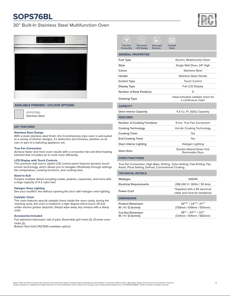 Page 1 de la notice Fiche technique Porter & Charles SOPS76BL
