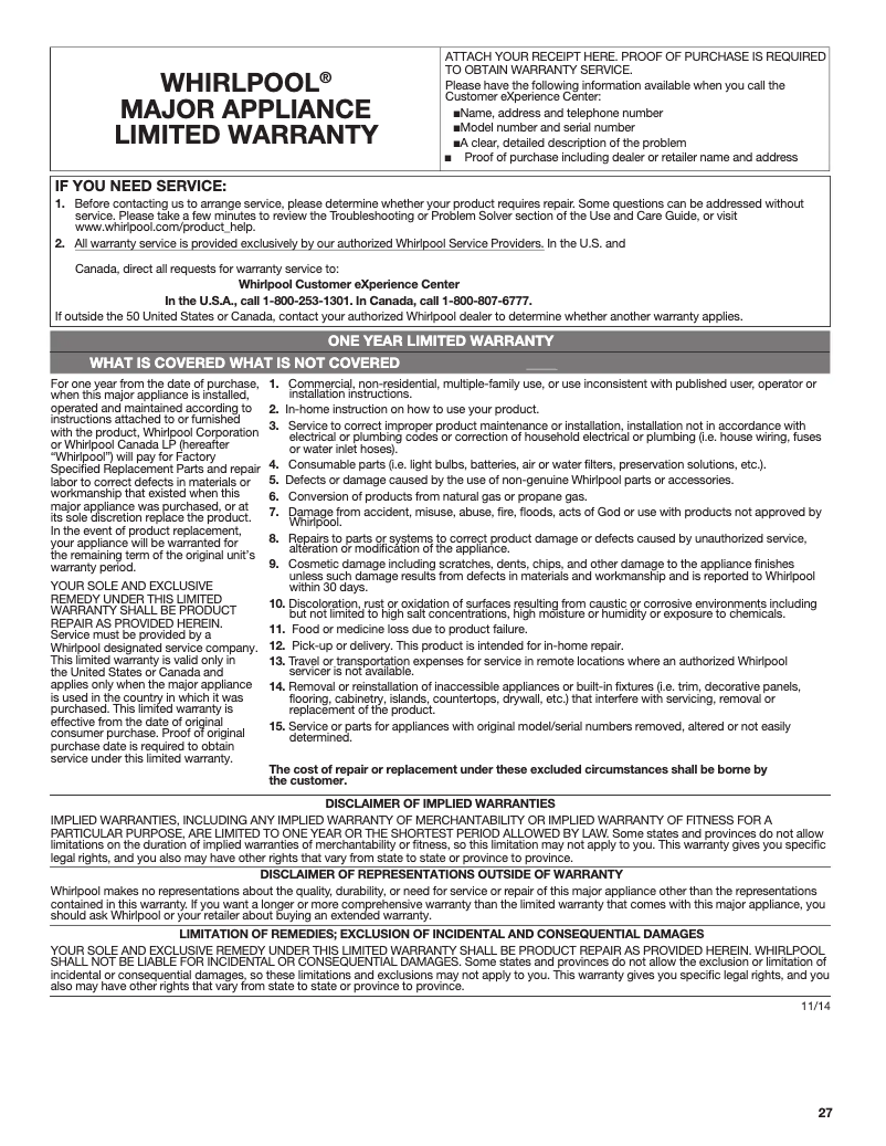 Page 1 de la notice Informations de garantie Whirlpool WMH78019HB