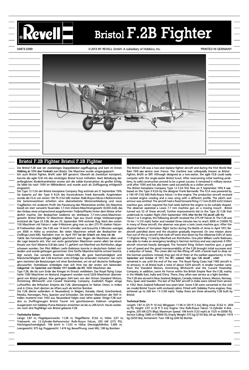 Image de la première page du manuel de l'appareil Bristol F.2B Fighter