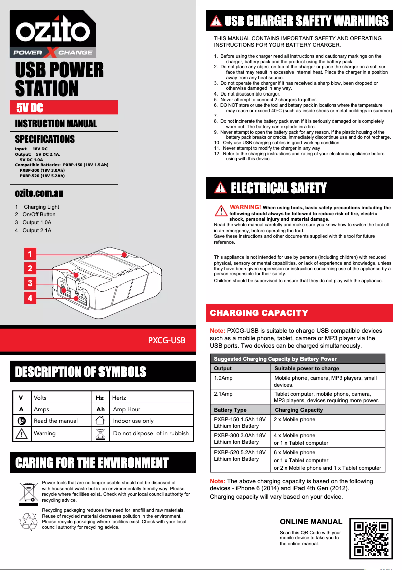 Page 1 de la notice Manuel utilisateur Ozito PXCG-USB