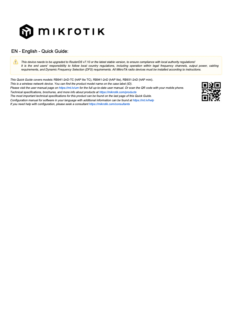 Image de la première page du manuel de l'appareil hAP lite TC