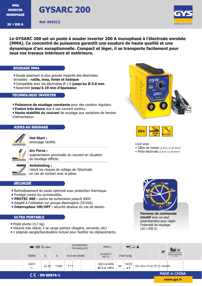 Page 1 de la notice Fiche technique GYS Gysarc 200