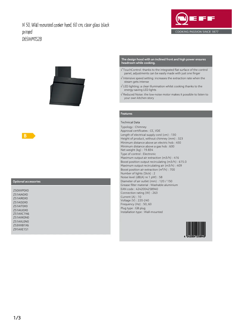 Page 1 de la notice Fiche technique Neff D65IHM1S2B