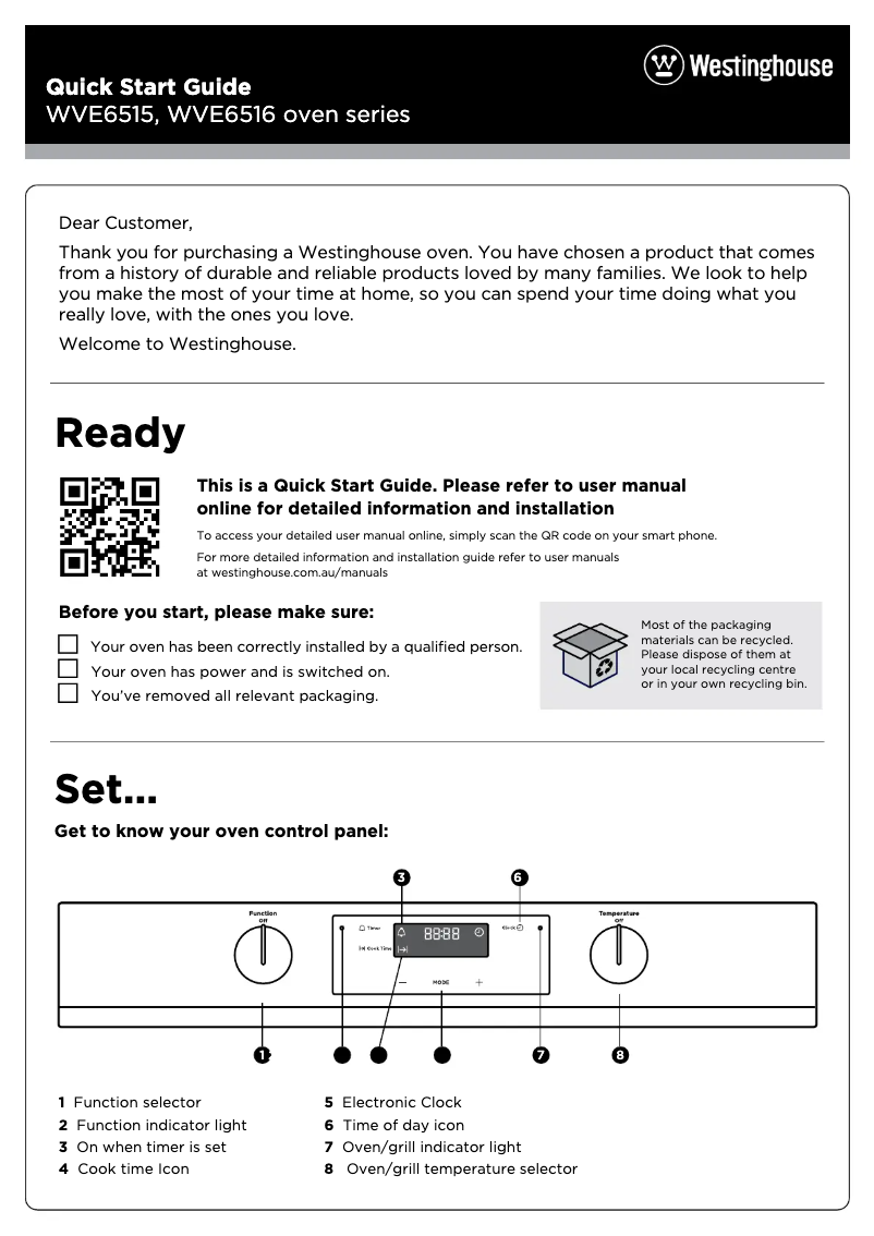 Page 1 de la notice Guide de démarrage rapide Westinghouse WVE6516SD