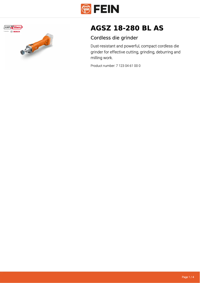 Page n°1 - Fiche technique Fein AGSZ 18-280 BL AS