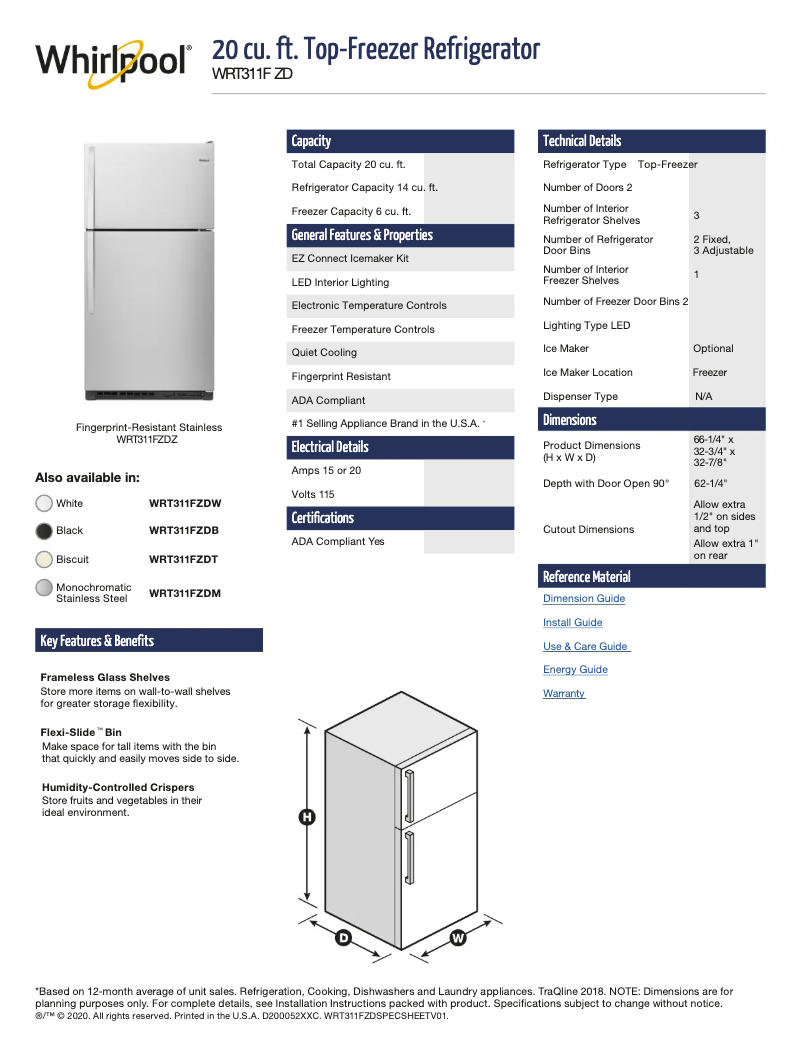 Page 1 de la notice Fiche technique Whirlpool WRT311FZDM