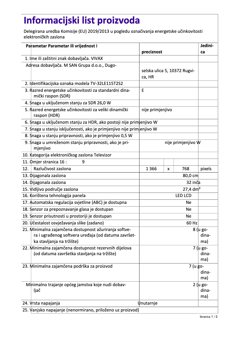 Page n°1 - Fiche technique Vivax TV-32LE1162T2S2