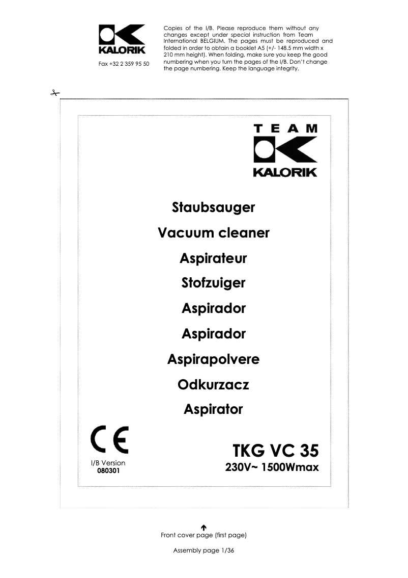 Image de la première page du manuel de l'appareil TKG VC 35
