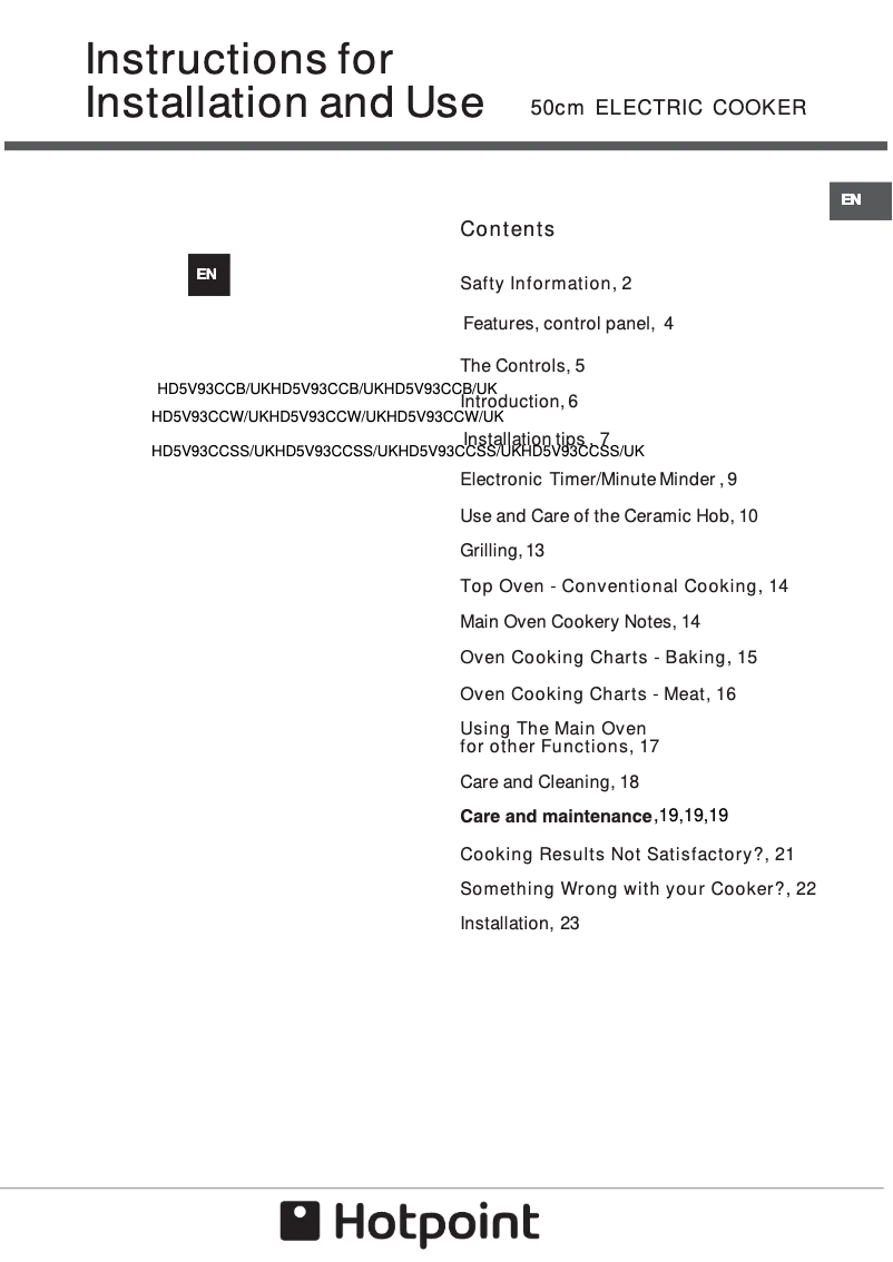 Page 1 de la notice Manuel utilisateur Hotpoint HD5V93CCW