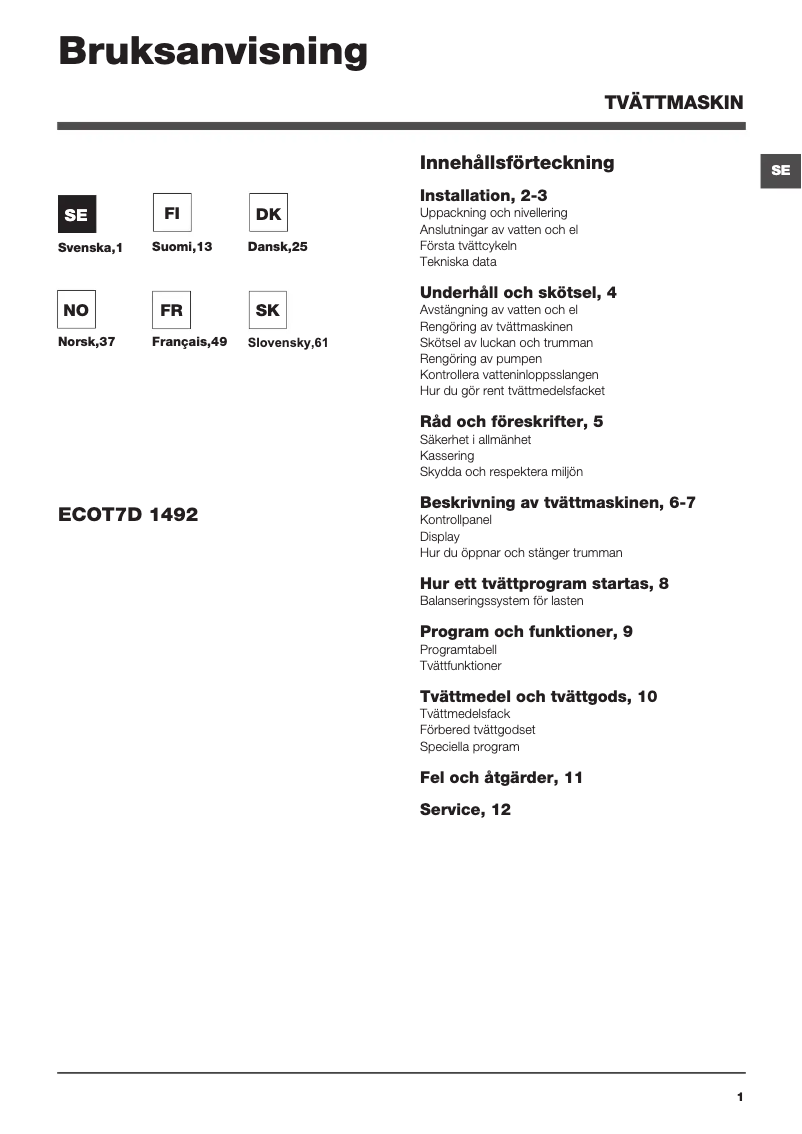Page n°1 - Manuel utilisateur Hotpoint Ariston ECOT7D 1492 EU