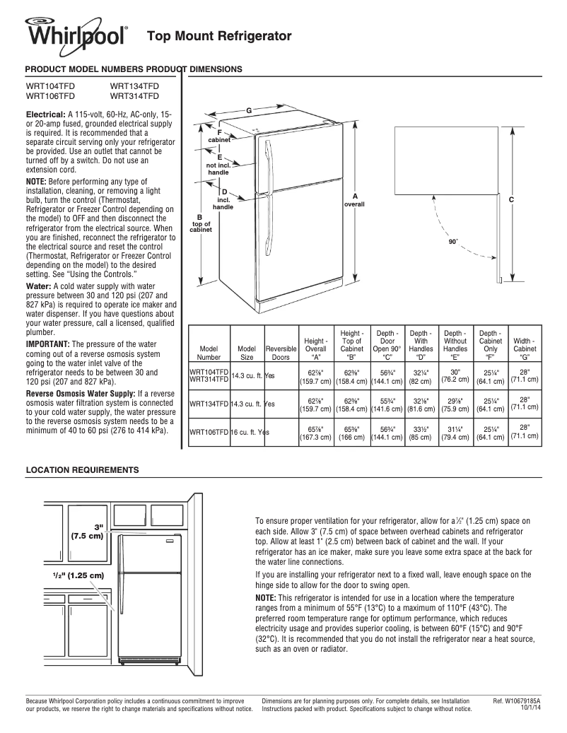 Page n°1 - Dessin technique Whirlpool WRT314TFDW