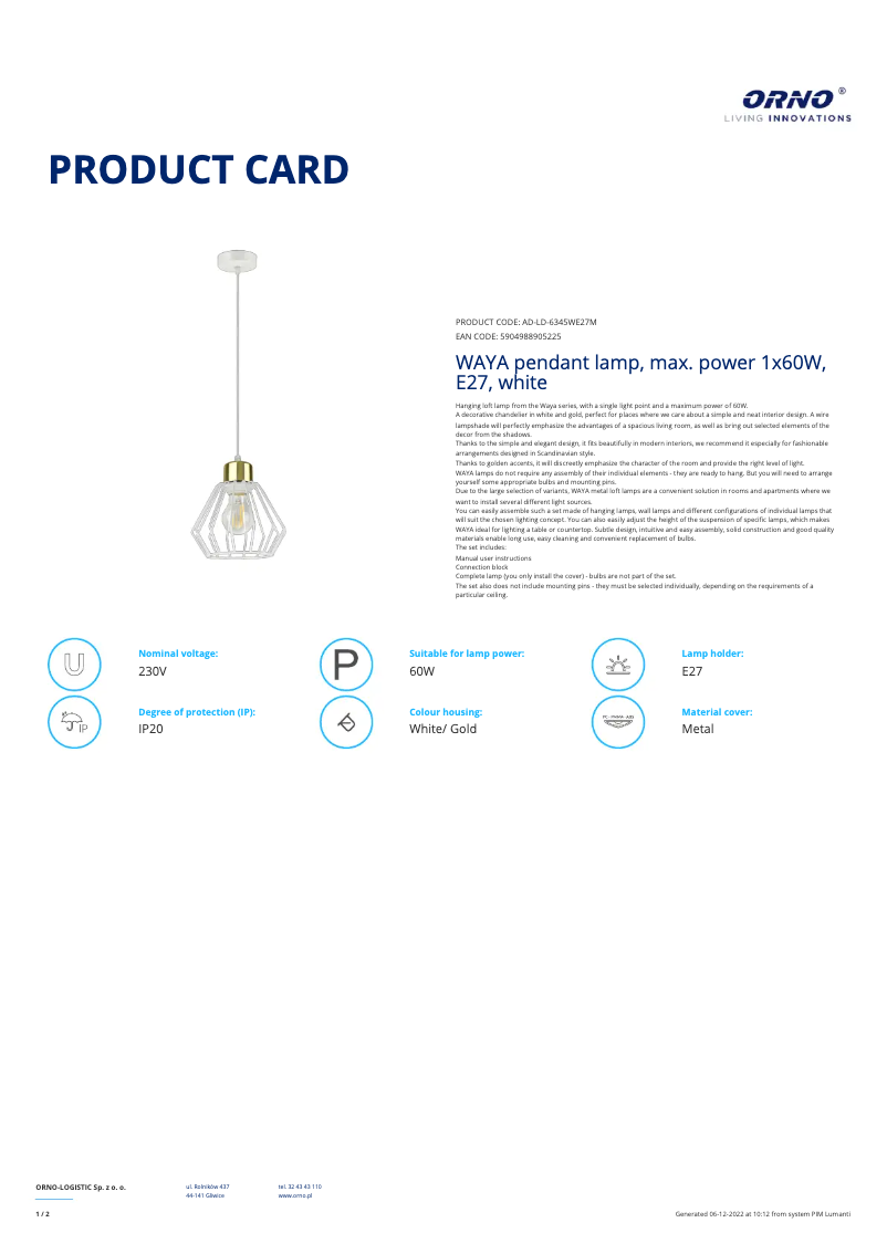 Página 1 del manual Ficha técnica Adviti AD-LD-6345WE27M