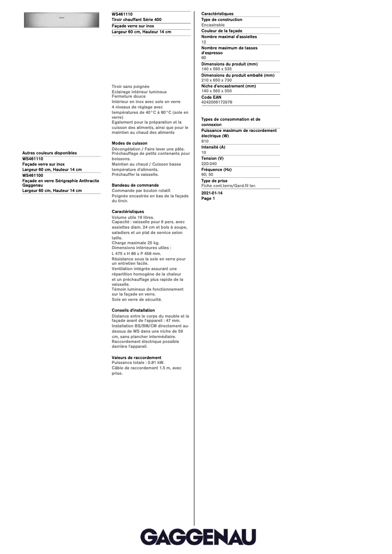 Page 1 de la notice Fiche technique Gaggenau WS461110