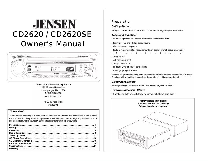 Page 1 de la notice Manuel utilisateur Jensen CD2620SE