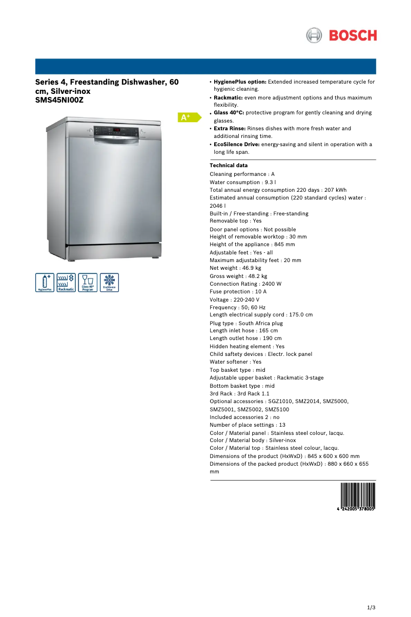 Page n°1 - Fiche technique Bosch SMS45NI00Z