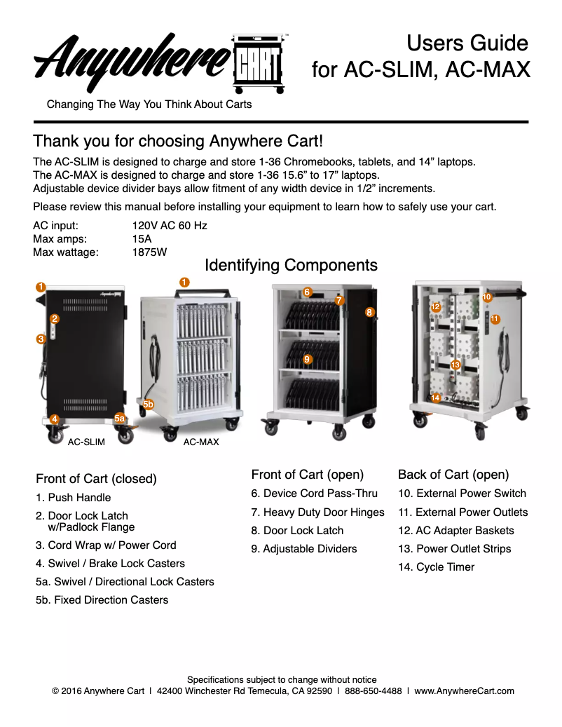 Page 1 de la notice Manuel utilisateur Anywhere Cart AC-SLIM