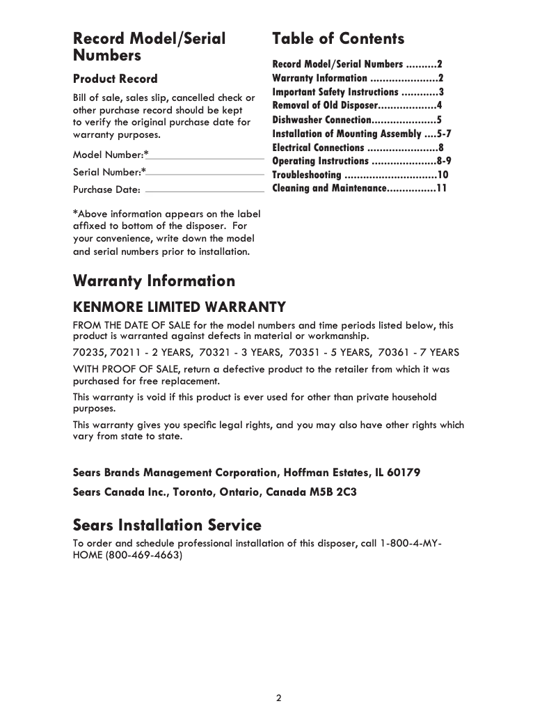 Page 1 de la notice Informations de garantie Kenmore 70351