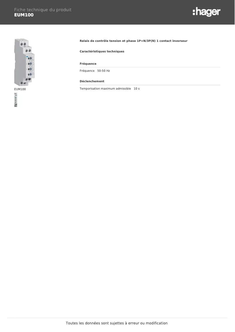 Page n°1 - Fiche technique Hager EUM100