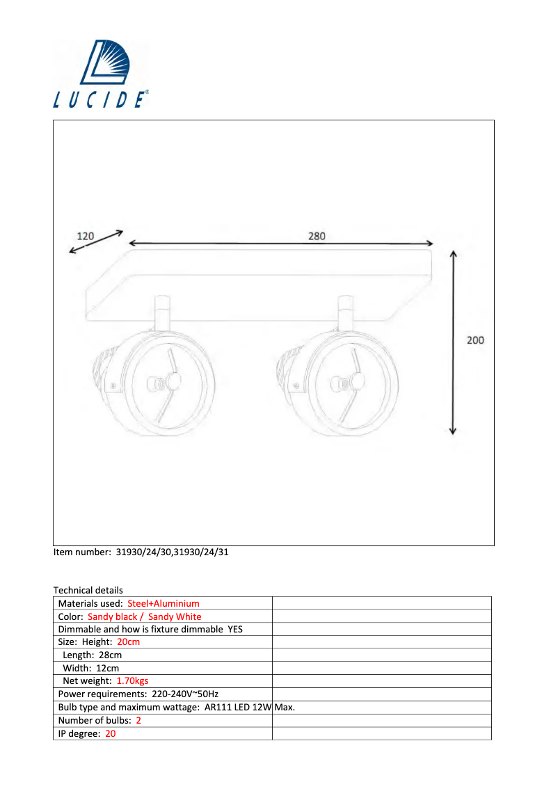 Page 1 de la notice Manuel utilisateur Lucide Tala led 31930/24/30