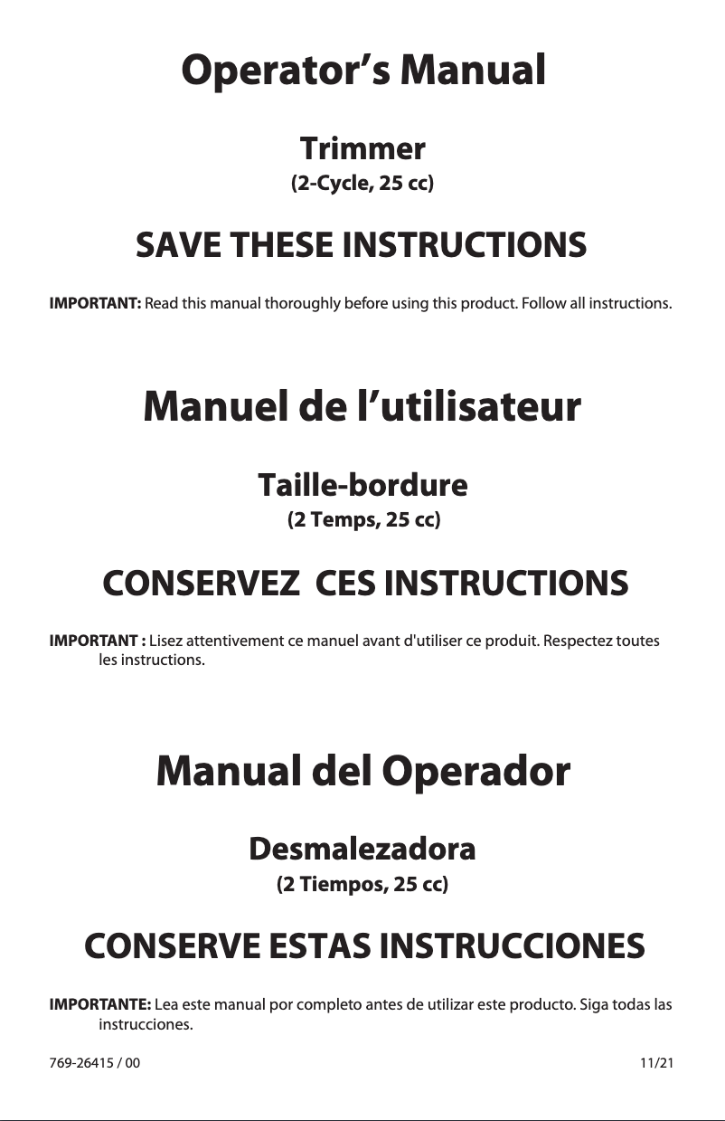 Page n°1 - Manuel utilisateur Troy-Bilt TB22